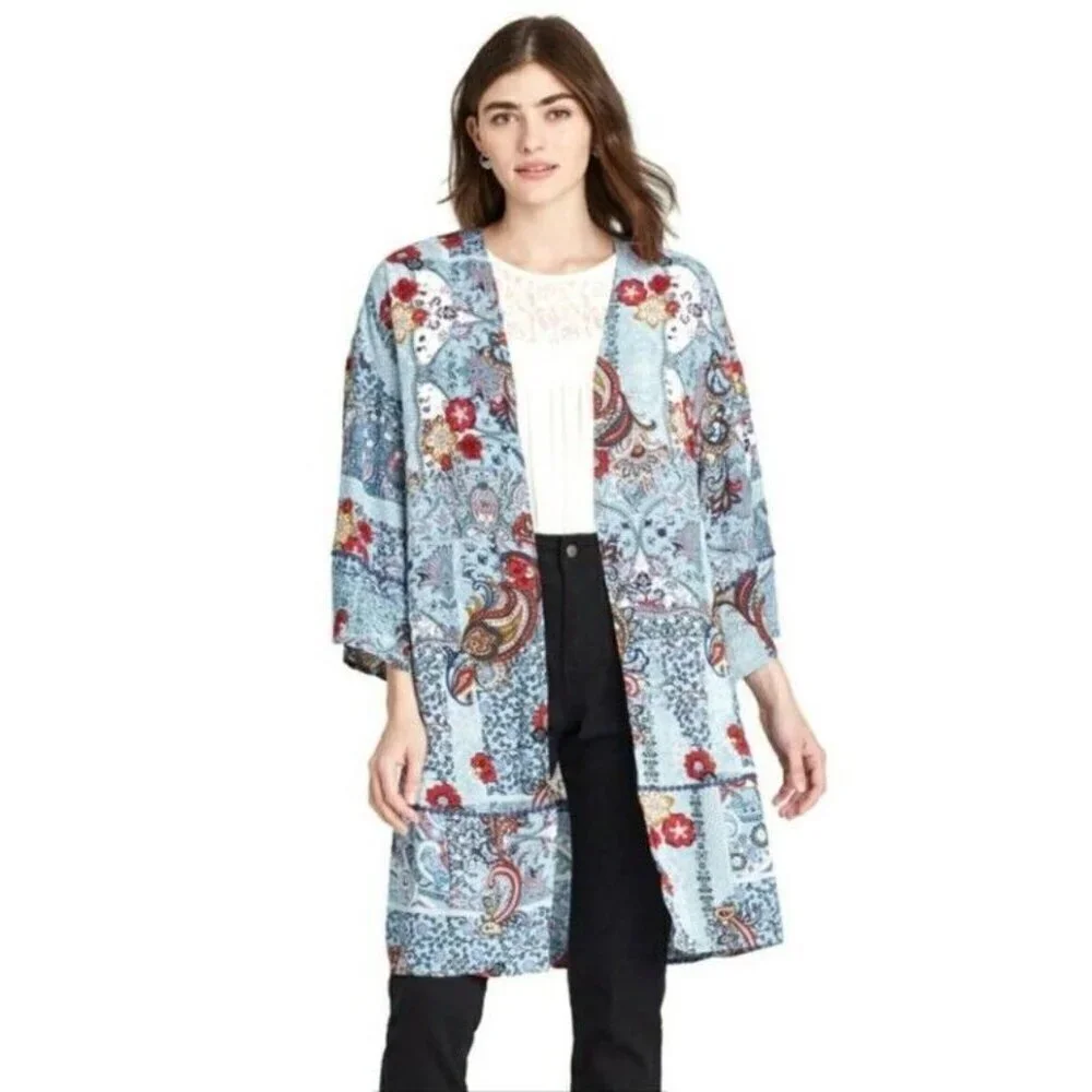 Womens Floral Print Long Sleeve Kimono Jacket Knox Rose Salt Marsh Blue Size S - Picture 1 of 6